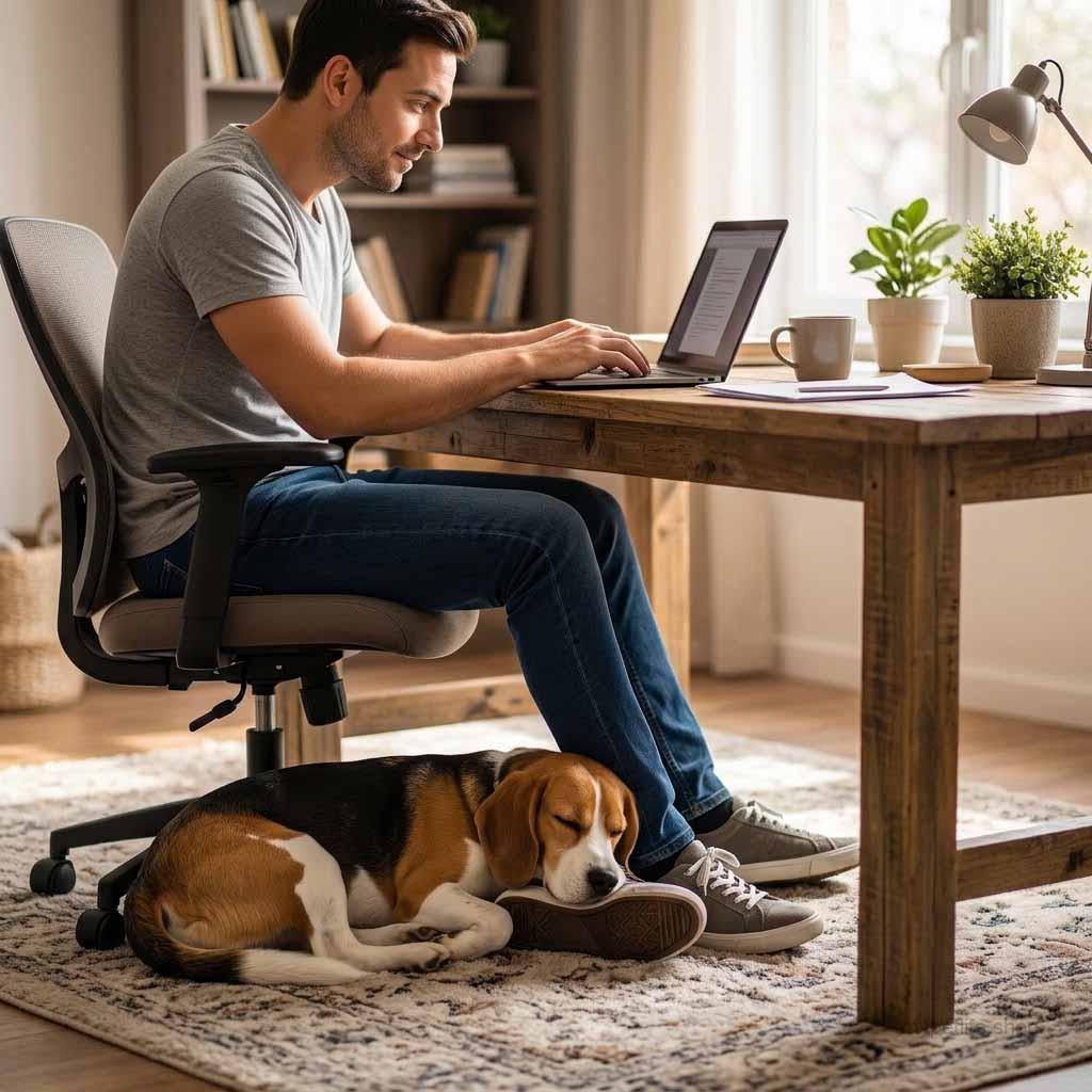 A dog sleeps at its owner’s feet A dog sleeps at its owner's feet