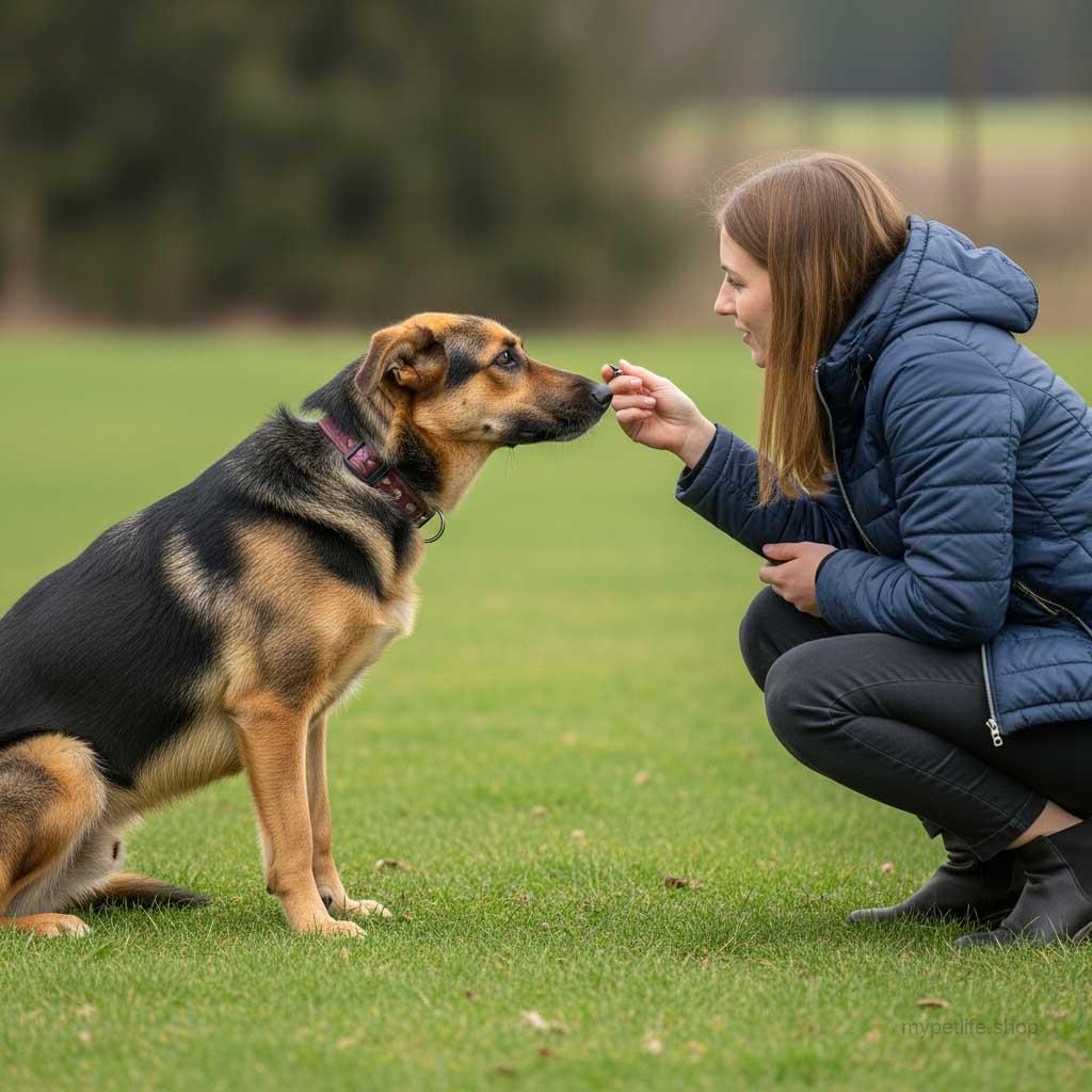 A woman meets her dog A woman meets her dog