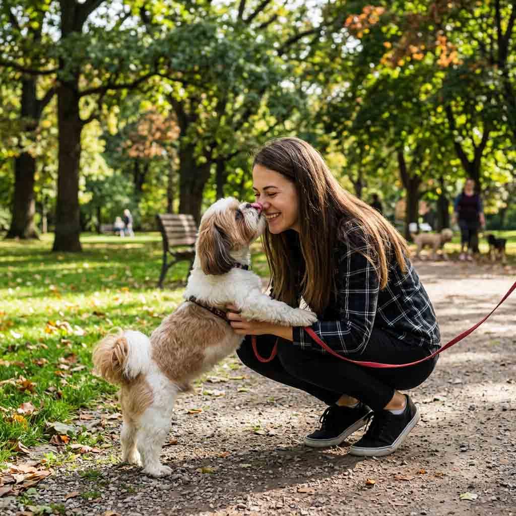 A woman receives caresses from her dog A woman receives caresses from her dog