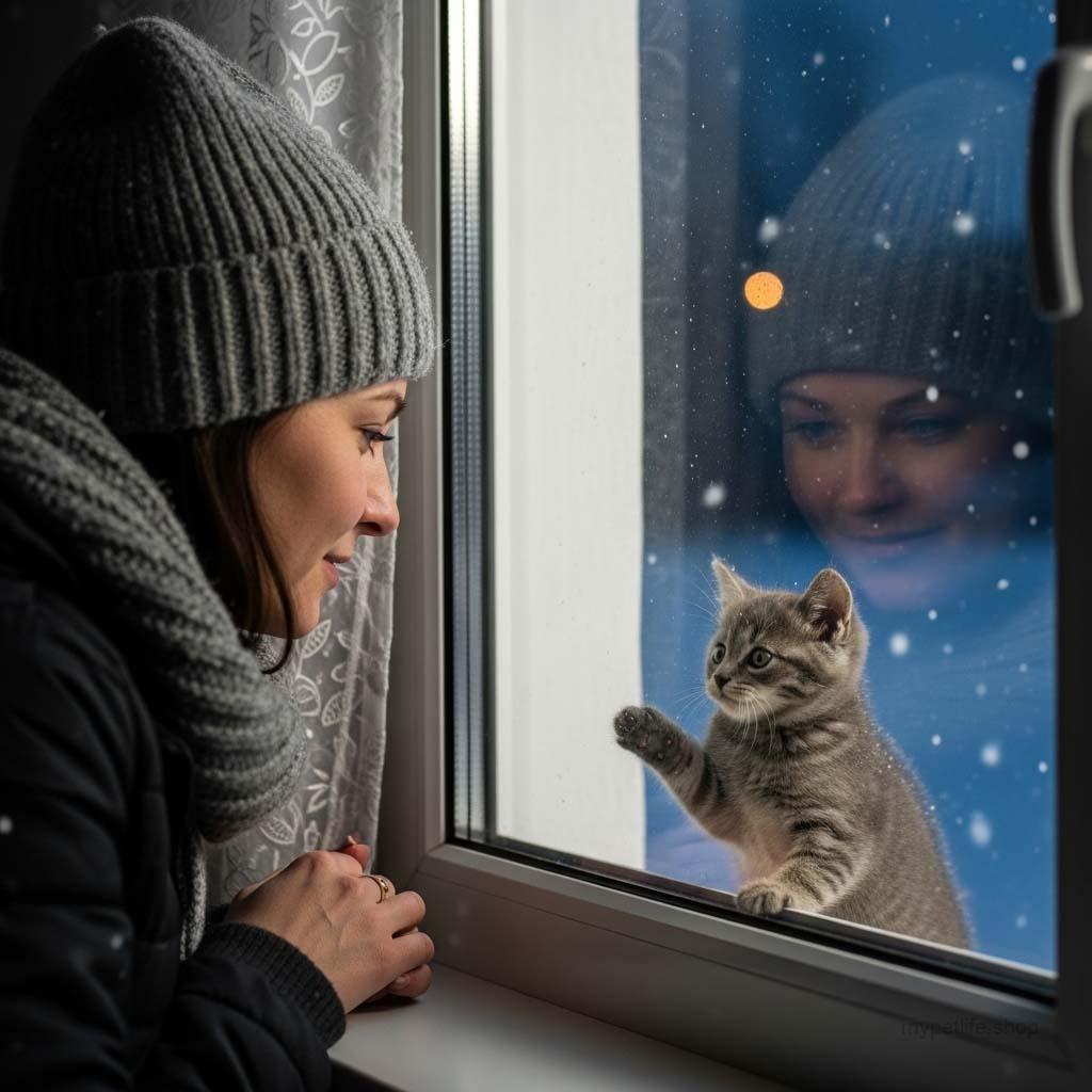 Woman and kitten at the window