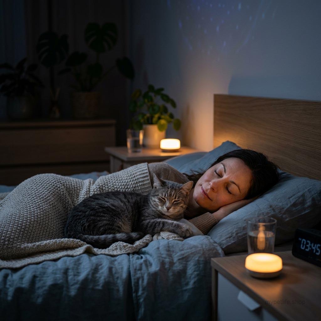 Woman sleeps next to her cat woman sleeps next to her cat