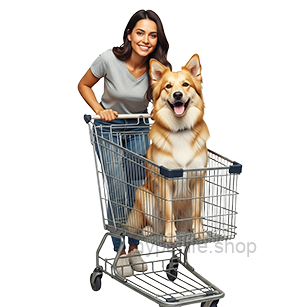 woman, her dog, and shopping cart woman, her dog, and shopping cart